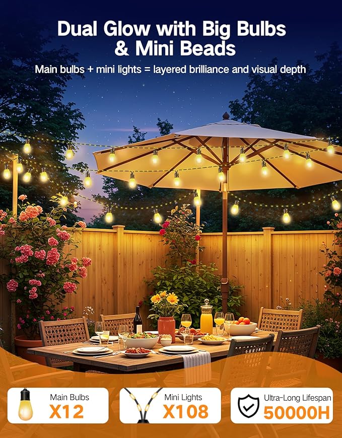 OUTON Outdoor String Lights, 46FT RGBAI Smart Festoon Lights Outdoor, Waterproof IP65, Remote & APP Control, Works with Alexa, Google Assistant, Dimmable Warm White Garden Lights for Backyard Party