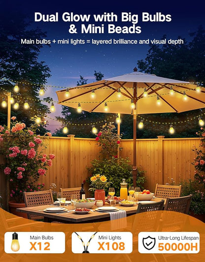 OUTON Outdoor String Lights, 46FT RGBAI Smart Festoon Lights Outdoor, Waterproof IP65, Remote & APP Control, Works with Alexa, Google Assistant, Dimmable Warm White Garden Lights for Backyard Party
