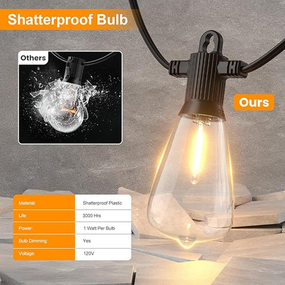 ZOTOYI Outdoor String Lights，50FT Patio Lights with 27 Vintage Edison Bulbs (2 Spare)，ST38 Waterproof Outside Hanging Light for Backyard, Bistro, Cafe, Gazebo, Porch Decor, Dimmable 2700K