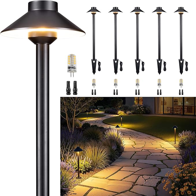 Gardenreet Brass Hardwired Landscape Path Light, 12V Low Voltage Pathway Lights IP65 Waterproof, Outdoor Walkway Lighting Wired, Hat-top Black for Patio Lawn with 4000K Neutral White G4 Bulb (6 Pack)