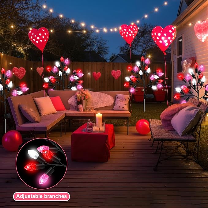 4 Pcs Valentine's Day Outdoor Decoration Solar Pathway Lights 28" Pink Stake Light Waterproof 8 Modes 80 Heart Shape LEDs for Yard Walkway Path Garden Patio Valentine Decor
