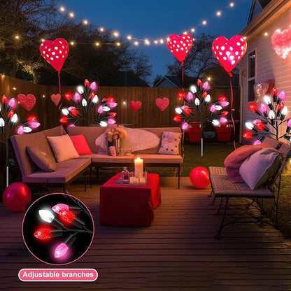 4 Pcs Valentine's Day Outdoor Decoration Solar Pathway Lights 28" Pink Stake Light Waterproof 8 Modes 80 Heart Shape LEDs for Yard Walkway Path Garden Patio Valentine Decor