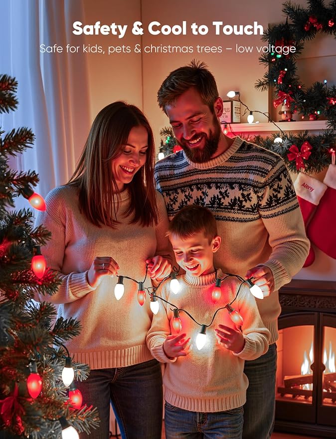 Vintage C9 LED Christmas Lights Outdoor, 50 Feet String with 50 Shatterproof Matte Bulbs, Connectable Waterproof Tree Lights for Holiday Roofline Backyard Garden Decor, Red & Pure White