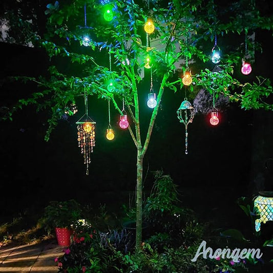 Solar Hanging Lanterns Outdoor: 12 Pack Cracked Glass Ball Lights with Hook - Waterproof Color Changing Globe Decorative Garden Tree Fence - Gardening Holiday Gifts for Women