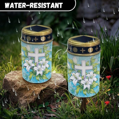 Cross Lily Solar Garden Lights Solar Decorative Lights, Waterproof Solar Outdoor Lights,Solar Stake Lights for Cemetery Grave Garden Patio Yard Lawn Decoration