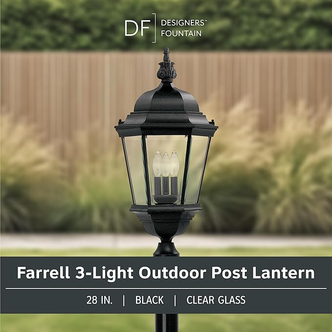 Designers Fountain 3-Light Farrell Outdoor Post Lantern, 28 Inch Exterior Lighting Fixture, Black, 2956-BK