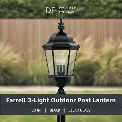 Designers Fountain 3-Light Farrell Outdoor Post Lantern, 28 Inch Exterior Lighting Fixture, Black, 2956-BK