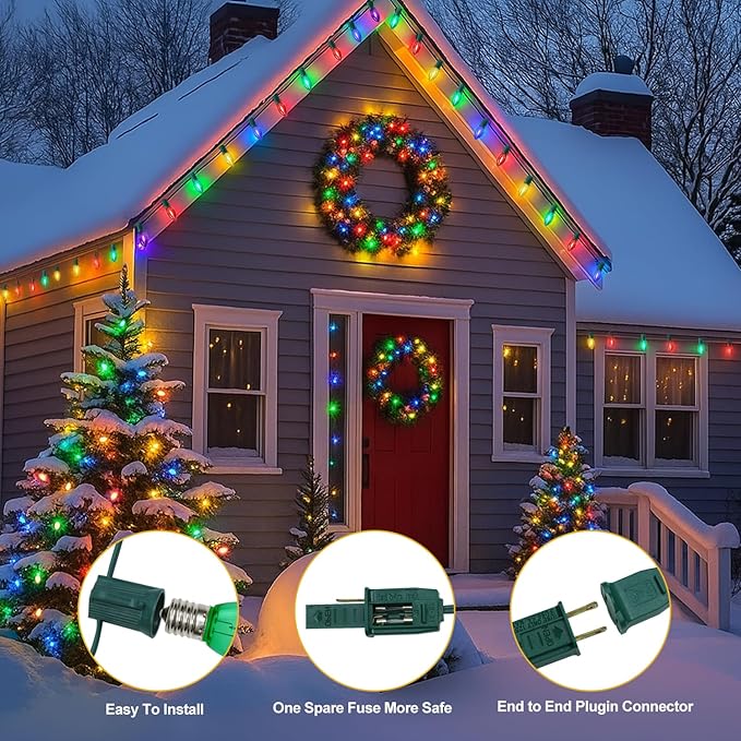 C9 Christmas String Lights, 25FT 26 Bulbs Bright & Multicolor Outdoor Christmas Lights, Outdoor Indoor Xmas Roofline Backyard Garden Patio Home Holiday Decor, Waterproof Extendable Green Wire