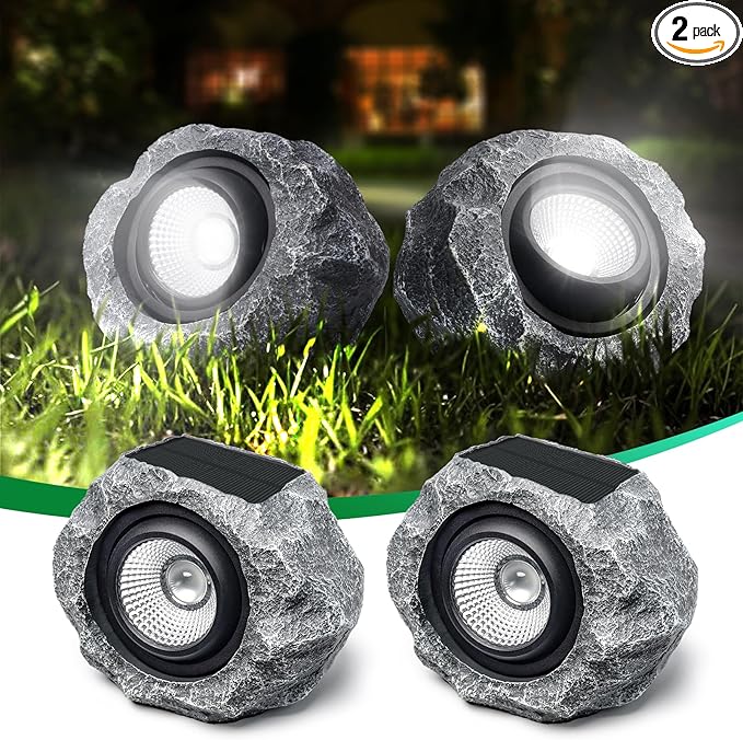 2 Pack Solar Rock Lights Outdoor, Angle Adjustable Solar Lights Outdoor Waterproof, LED Solar Garden Lights, Auto | Lumora