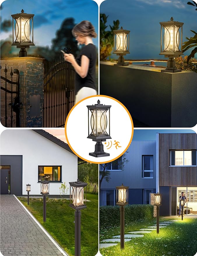 Motion Outdoor Post Lantern Dusk to Dawn Pillar Lamp with 3 Inch Pier Mount Adapter, Black Pole Light Aluminum with | Lumora