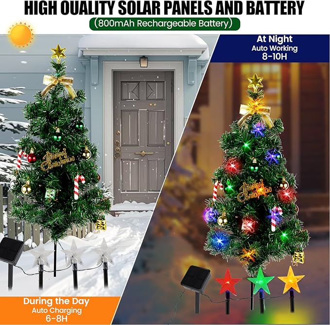 Solar Christmas Tree Light Outdoor Decoration, 31Inch Solar Tree Lights with 30 LED 8 Flashing Modes Decorated Prelit Gift Boxes & Ornaments for Pathway Patio Yard Garden Cemetery, 2PCS