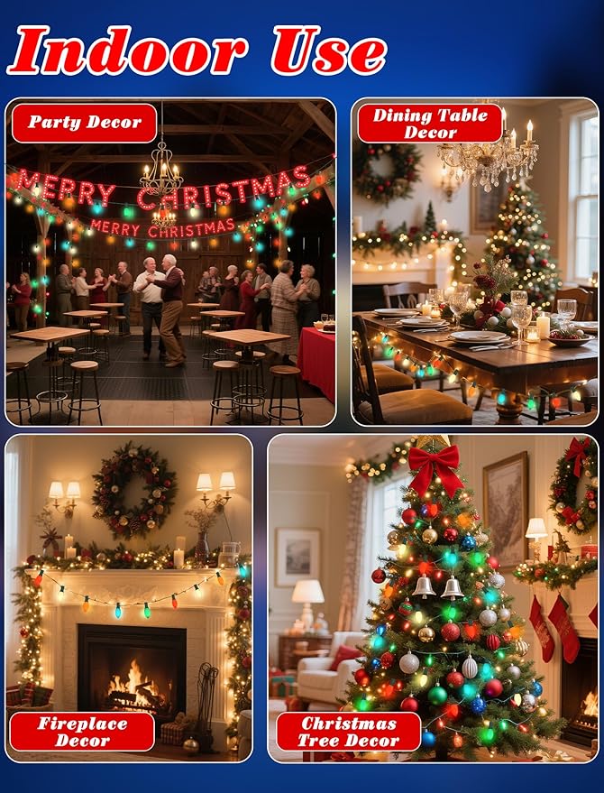 C9 Vintage LED Christmas Lights Outdoor, 25Ft Christmas Tree Lights with 26 Colorful Ceramic LED Bulbs(1 Spare), Hanging Xmas Lights Outdoor for Party/Garden/Yard/Holiday Decor