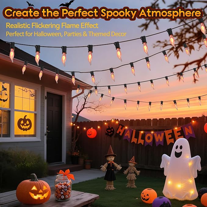 50Ft Extra-Long Fall & Halloween String Lights,25 C18 Flicker Flame Bulbs for Outdoor Decor,Waterproof & | Lumora