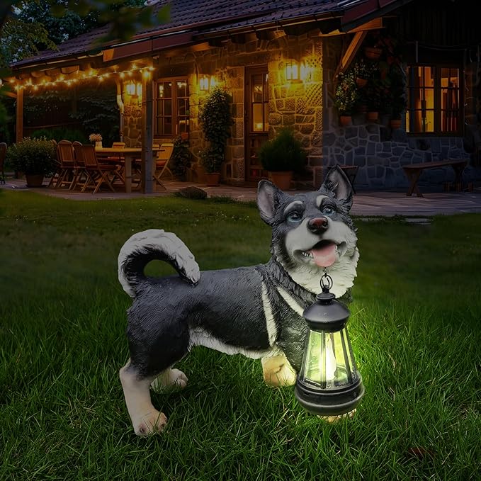 Outdoor Husky Dog Statue with Interchangeable Welcome Sign and Detachable Solar Lantern –LED Light Garden Dog Sculpture Décor, Cute Puppy Design for Yard, Porch, Gift