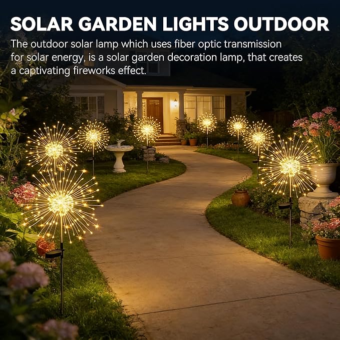 Solar Garden Lights Outdoor,Waterproof Garden,2 Pack 200 LED Twinkling Firework Lights Decorative with 8 Modes,Decor for Yard Patio Pathway Lawn for Yard Outside Fairy Decorative (Warm light-2Pack)