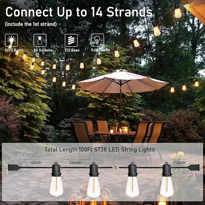 100FT Outdoor String Lights,ST38 Vintage Edison LED Patio Lights Waterproof with 52 Plastic Bulbs(2 | Lumora