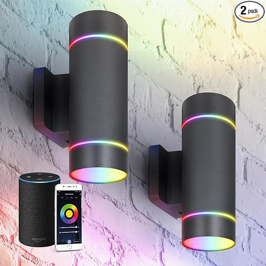 ASD 2 Light Smart RGBW LED Indoor & Outdoor Wall Light Fixture | 30W 900LM 2700K-6500K 120V Cylinder Up Down Lights | Waterproof Exterior Wall Sconce | Front Door, Porch, Patio | Black, ETL 2 Pack