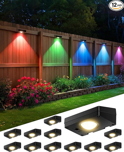 Solar Fence Lights Outdoor, 10 RGB Color & 3 Light Mode Fence Lights Solar Powered for Outside Backyard, Railing, Step, Patio, Fence Post, Home Improvement Garden Decor, 12 Pack
