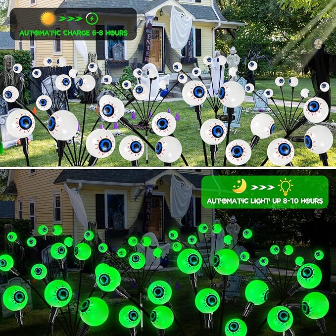 4 Pack Solar Eyeball Lights for Halloween Decorations Outdoor, 24 LED Green Eyeball Solar Halloween Lights, Waterproof Swaying Firefly Lights with 2 Modes for Pathway Patio Yard Lawn Garden Decor