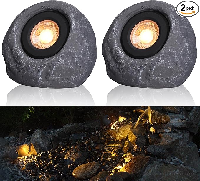 LEONLITE 5CCT LED Rock Lights Outdoor, 5W Low Voltage Landscape Spot Light for Garden, Yard, Decorative Stone Light, 12-24V AC/DC, CRI90, 200lm, IP65 Waterproof, Round, Dark Gray, Pack of 2