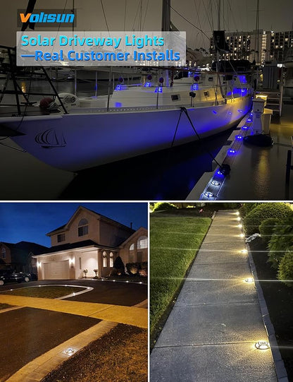 VOLISUN Solar Driveway & Deck Lights 8 Pack Waterproof Dock & Marine Ground Lights,2-in-1 Blue & White LED,Solar Marker for Pathways,Steps,and Warning Signs,Auto On/Off