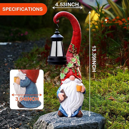 Garden Gnomes Outdoor Statue Solar Powered Gnome Decor Ornament Lantern Lit Court for Yard,Lawn,Patio, Balcony Birthday Gifts for Mom Grandma