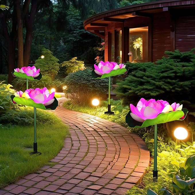 4 Pcs Solar Diwali Decoration Outdoor Diwali Lotus Lamp Decorations Solar Pathway Lights LED Waterproof Lotus Lights with Water Lily Outdoor Decor Garden Indian Temples Pooja Gifts