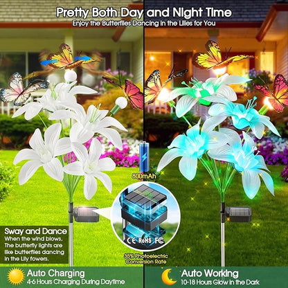 Garpar Solar Lily Lights with Swaying Butterflies, Upgraded Garden Solar Lights Outdoor Decorative, Waterproof Color Changing Garden Decor for Outside Yard Lawn Pathway Gift for Mom Women Grandma
