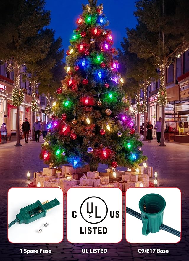 Minetom C9 Christmas String Lights, 100 Ft Multicolor C9 Outdoor Christmas Lights with 100 Strawberry Led Bulbs, Connectable UL Certified for Outdoor Indoor Roofline Holiday Backyard Xmas Decor