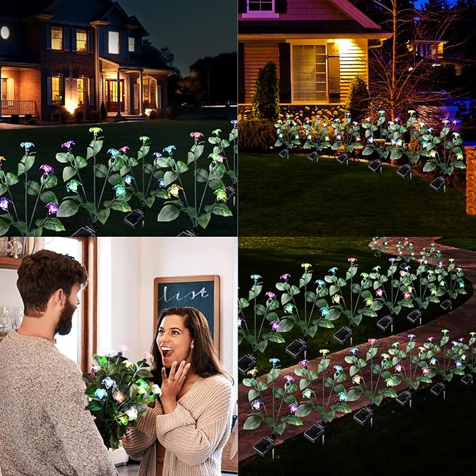 Solar Garden Lights Outdoor Christmas Decor 4 Pack Solar Outdoor Lights Waterproof 7 Color Changing LED Lights 5 Head Solar Flower Lights for Yard Patio Pathway Decoration