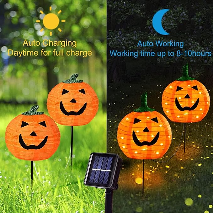 Solar Halloween Pumpkin LED Lights, Set of 2 Big Pumpkin Stake Lights 2 Modes for Outdoor Halloween Pathway Yard | Lumora