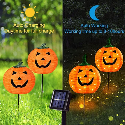 Solar Halloween Pumpkin LED Lights, Set of 2 Big Pumpkin Stake Lights 2 Modes for Outdoor Halloween Pathway Yard Garden Decoration (Warm White-Pumpkin, 2 Pack)