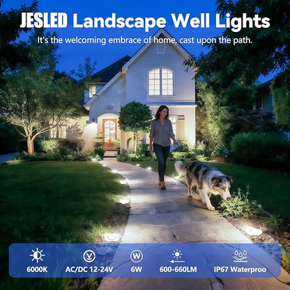 JESLED Low Voltage Landscape Lights, 6W LED Well Lights IP67 Waterproof, 6000K Bright White In-Ground Lights with Wire Connectors for Pathway, Deck, Patio, Yard, Garden (4 Pack)