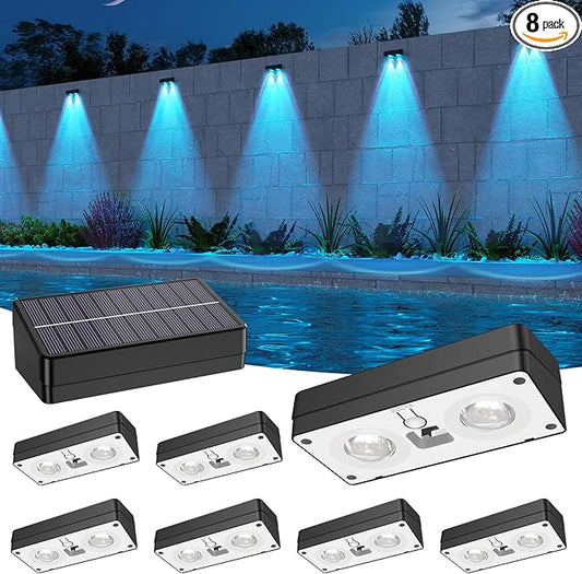 Solar Fence Lights Outdoor,Fence Solar Lights Outdoor IP65 Waterproof Designed with 12 Modes RGB 10 Colors for Wall Step Pool Railing Patio Backyard Holiday Feature Decorations (8 Pack)