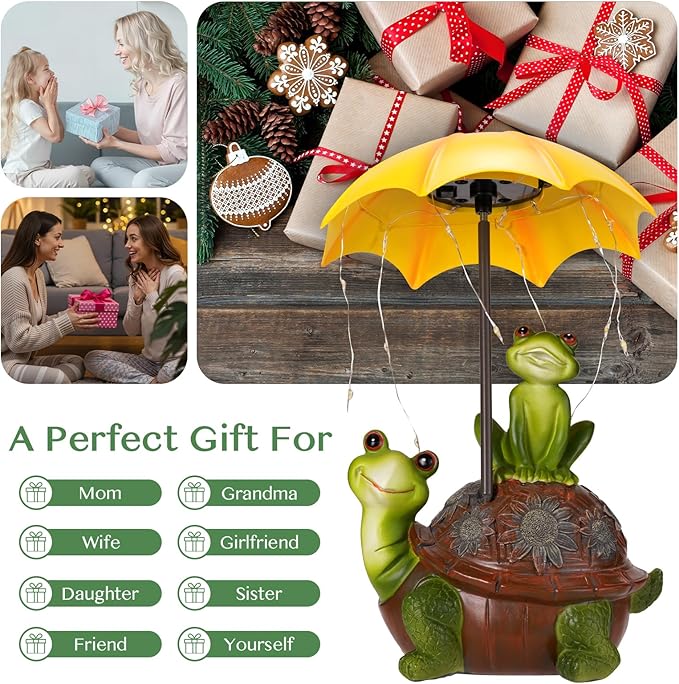 Solar Garden Statues Decor Turtle & Frog with LED Lights and Umbrella, Outdoor Garden Statues, Yard Statue Decorations for Patio, Balcony Housewarming, Lawn Ornaments Gifts for Women