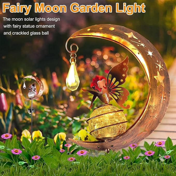 Fairy Garden Decor, Moon Fairy Garden Solar Light with Crackle Glass Globe, Waterproof LED Yard Decorations Outdoor Solar Yard Lights for Landscape Pathway Lawn Patio (Moon)