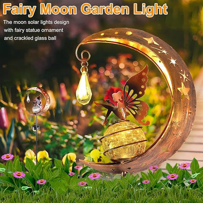Fairy Garden Decor, Moon Fairy Garden Solar Light with Crackle Glass Globe, Waterproof LED Yard Decorations Outdoor Solar Yard Lights for Landscape Pathway Lawn Patio (Moon)