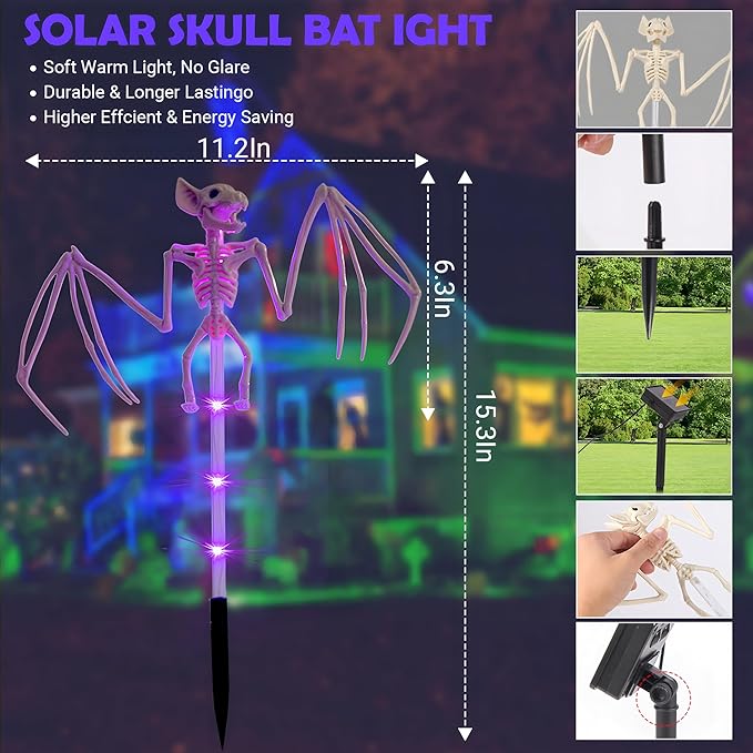2Pack Halloween Outdoor Solar Garden Light 3D Terrifying Bat Purple Light Pole, Halloween Path Light, Suitable for Courtyard, Garden, and Party Decoration
