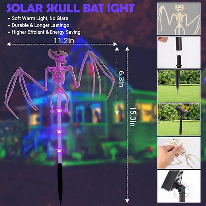 2Pack Halloween Outdoor Solar Garden Light 3D Terrifying Bat Purple Light Pole, Halloween Path Light, Suitable for Courtyard, Garden, and Party Decoration