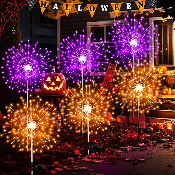 6 Pcs Mardi Gras Solar Firework Lights Solar Lights Outdoor Garden 120 LED 8 Modes Waterproof LED Sparkler Outdoor for Carnival Patio Yard Pathway Walkway (Purple,Orange)