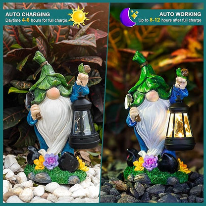 Solar Garden Gnome Statue – St Patrick’s Day Outdoor Decorations Funny Leprechaun Figurine with LED Lantern Waterproof Resin Leaf Hat Dwarf Sculpture for Patio Lawn Yard Art and Housewarming Gift