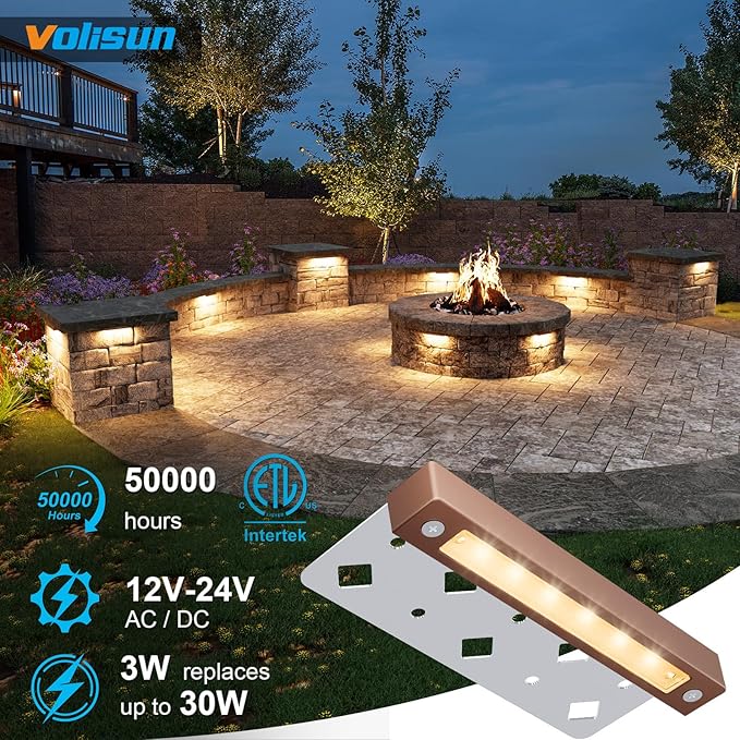 VOLISUN 8 Pack 7 Inch Retaining Wall Lights, Waterproof LED Hardscape Lighting, Cuttable Low Voltage Landscape Lighting, 12V Paver Lights, 3W Outdoor Step Lights, 2700K Soft White, ETL