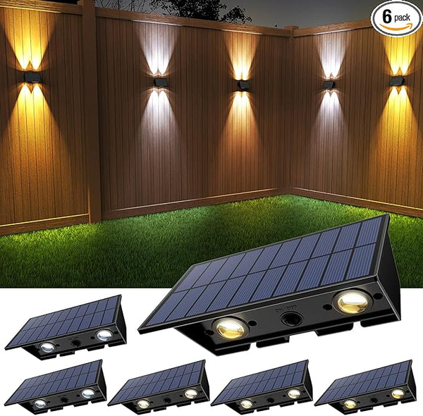 Solar Fence Lights,6Pack Solar Lights Outdoor Warm White & Natural Light & Cool White Up & Down Solar Wall Lights | Lumora