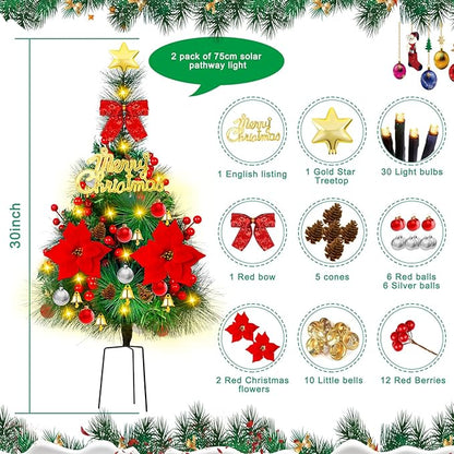 2 Pack 30 inch Solar Xmas Tree Light Outdoor Tree with 30 LED Lights, Pinecones, Star and Bells, Waterproof Christmas Pathway Light Solar Christmas Decorations for Yard Garden Lawn Walkway