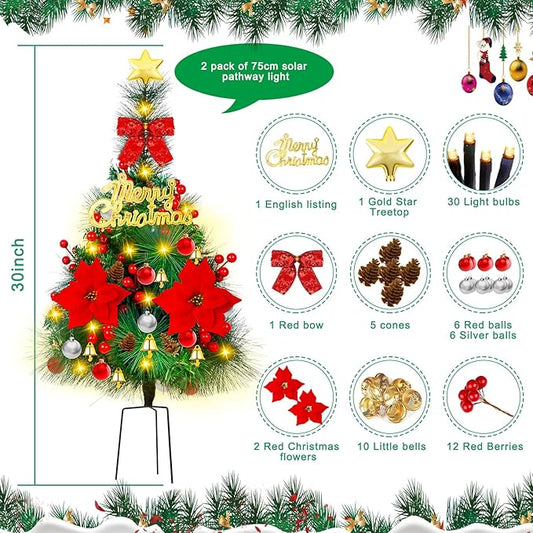 2 Pack 30 inch Solar Xmas Tree Light Outdoor Tree with 30 LED Lights, Pinecones, Star and Bells, Waterproof Christmas Pathway Light Solar Christmas Decorations for Yard Garden Lawn Walkway