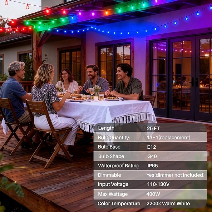 25 FT Colorful Outdoor String Lights G40 Globe Shatterproof Patio Lights,13 Plastic Edison Bulbs(1 Spare) IP65 Waterproof Dimmable LED Bulbs for Backyard Porch Balcony Party Decor, E12 Base