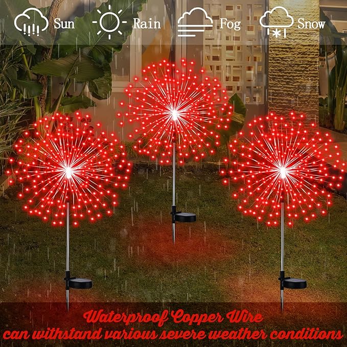 4th of July Decorations Outdoor 4 Pack Colored Solar Firework Lights with 180 LED Patriotic Solar Lights 8 Lighting Modes for Yard Pathway Garden Patio Party Decorations(Red)