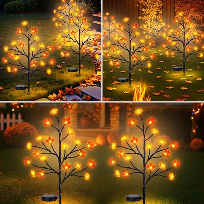 4 Pack Fall Solar Lights Outdoor, 80 LED Maple Pumpkin Stake Lights with 8 Mode, Waterproof Solar Pathway Lights for Garden Patio Yard Fall Outdoor Decor