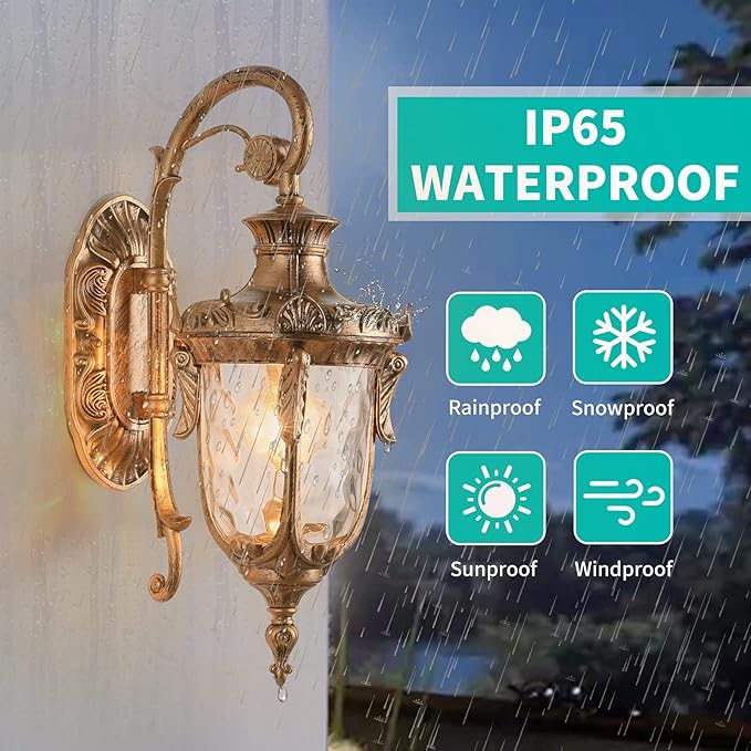 LONEDRUID Outdoor Wall Light Fixtures Bronze 16.93”H Exterior Wall Lantern Waterproof Sconce Porch Lights Wall Mount with Hammered Glass Shade for House