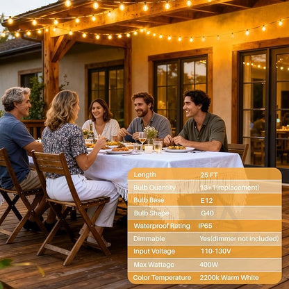 25 FT Yellow Outdoor String Lights G40 Globe Shatterproof Patio Lights,13 Plastic Edison Bulbs(1 Spare) IP65 Waterproof Dimmable LED Bulbs for Backyard Porch Balcony Party Decor, E12 Base